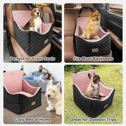 JOEJOY Elevated Dog Car Seat for Small/Medium Dogs up to 35 lbs, Memory Foam Booster Seat with Detachable Washable Cover, Travel-Safe Car Bed with Safety Belts & Storage Pockets, Pink