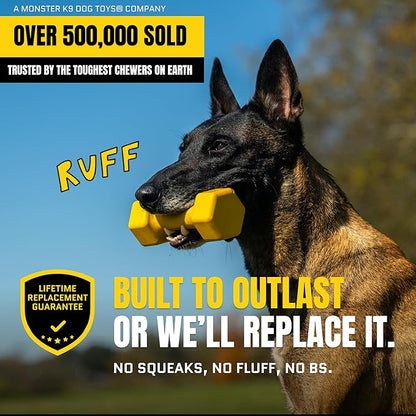 Virtually Indestructible Dog Dumbbell - Lifetime Replacement - Tough, Durable Chew Toy for Aggressive Chewers - Safe Non-Toxic Natural Rubber - Chew, Tug, Fetch - Med/Large Breed - 7"x2.5"