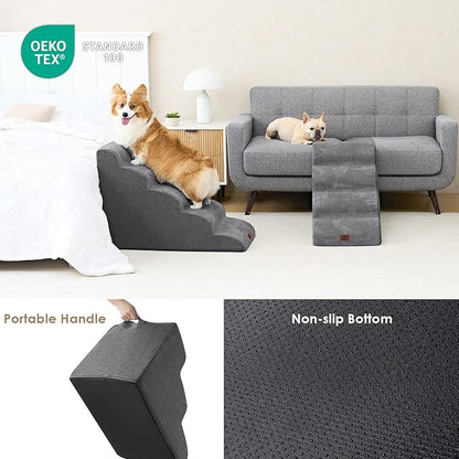 EHEYCIGA Curved Dog Stairs Ramp for High Beds 22.6" H, 5-Step Dog Steps for Small Dogs and Cats, Pet Stairs for High Bed Climbing, Non-Slip Balanced Pet Step Indoor, Grey