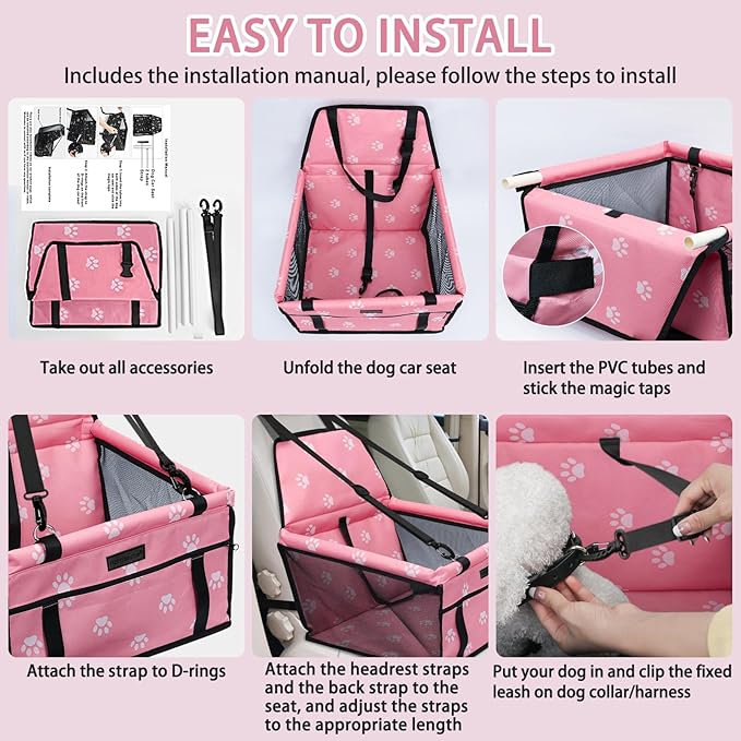 PetsHome Dog Car Seat Foldable Dog Car Booster Seat Waterproof Breathable Oxford Travel Bag for Small to Medium Dogs, Puppies, and Pets-Footprint Pink