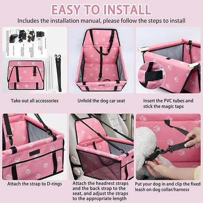 PetsHome Dog Car Seat Foldable Dog Car Booster Seat Waterproof Breathable Oxford Travel Bag for Small to Medium Dogs, Puppies, and Pets-Footprint Pink