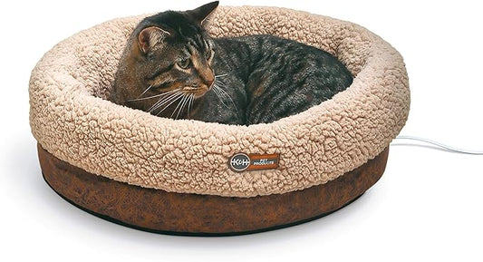 K&H Pet Products Heated Cat Bed Indoor, Thermo-Snuggle Cup Bomber Soft Heated Pet Bed for Large Indoor Cats and Small Dogs, Machine Washable, Waterproof Heated Pad, Safety Listed - 18x14in Chocolate