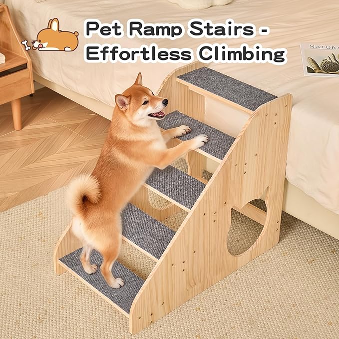 Dog Stairs for Small Medium Large Dogs 22.44" H Load Capacity 150lbs Solid Wood Non-Slip Sturdy Pet Steps for Bed & Couch 5 Step 15.75 * 27.56 * 22.44"