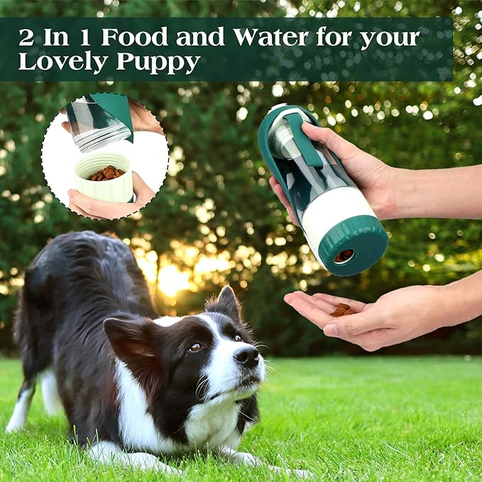 TIOVERY Upgraded Dog Water Bottle, Portable Dog Cat Puppy Pet Water Dispenser Feeder with Drinking Cup and Food Container Leak Proof for Outdoor Walking, Travel, Hiking 12OZ