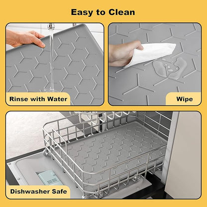 Pieviev 24''x16'' Dog Cat Food Bowl Mat, Silicone Waterproof Food Grade Pet Food Mat for Floor, High Raised Edge to Prevent Spills, Non-Slip & Easy Clean Pet Placemat for Dog & Cat Bowls, Light Gray