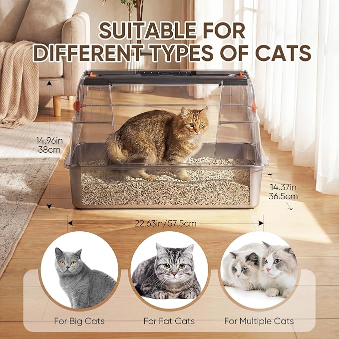 Stainless Steel Litter Box with Lid, XL Metal Litter Box for Big Cats, Premium 304 Stainless Steel, Leak-Proof Enclosed High Sides,Odor Resistant & Easy Clean, Flip-Up Lid with Scoop & Mat (Black)