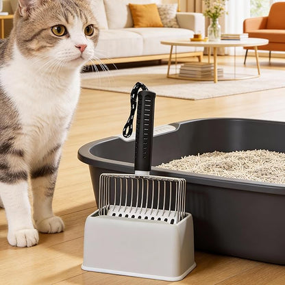 [2026 Version]Efficient Metal Cat Litter Scoop- Stainless Steel Cat Litter Scooper with Holder, Heavy Duty Litter Sifter, Pooper Scooper Kitty Litter Box Scooper-Cat Scooper for Litter Box Cleaning