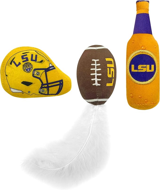 Best Plush CAT Toy - NCAA LSU Complete Set of 3 Piece Cat Toys Filled with Fresh Catnip. Includes: 1 Helmet Cat Toy, 1 Football Cat Toy with Feathers & 1 Beer Bottle. Beautiful Team Logos