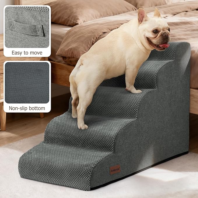 Dog Stairs for Bed 22.4”H,5-Step Dog Ramp for Small Dogs & Cats,Pet Steps for Dogs to get on High Bed, Indoor Anti-Slip Pet Stairs for Old Cats and Puppy,Grey