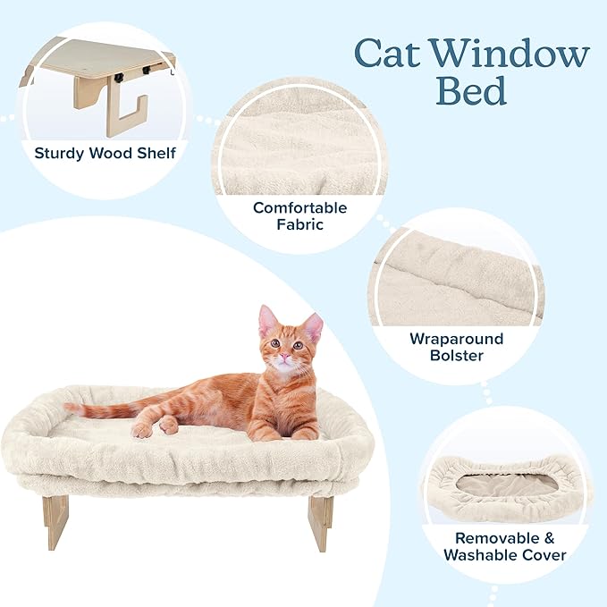 Cat Bed for Window Sill - Cat Window Perch with Bolster and Removable Washable Cover - Window Hammock with Sturdy Wood Frame for Large Cats - Pet Beds for Indoor Cats by PETMAKER (Cream)