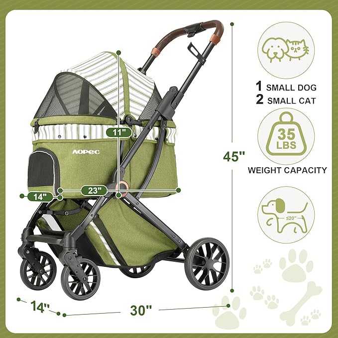 Pet Stroller for Small Dogs & Cats – Easy One-Hand Fold, Supports Up to 35 lbs – Green