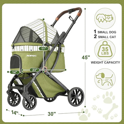Pet Stroller for Small Dogs & Cats – Easy One-Hand Fold, Supports Up to 35 lbs – Green