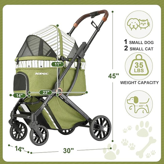 Pet Stroller for Small Dogs & Cats – Easy One-Hand Fold, Supports Up to 35 lbs – Green