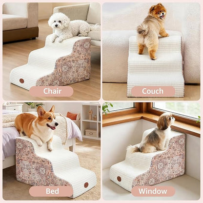 15.7” H Ramp Dog Stairs for Small Dogs, Printed Fabric 3 Tier Wider Curved Pet Stairs for Couch and Beds，Non-Slip Bottom for Old Cats with High-Density Foam and Washable Cover