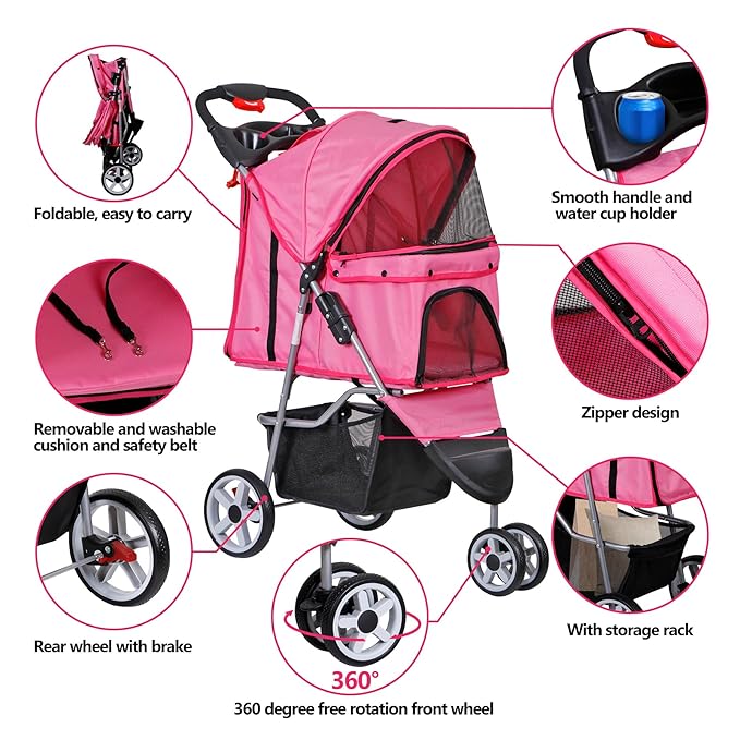 ZENY Foldable Pet Stroller, Cat/Dog Stroller with 3 Wheel, Pet Strolling Cart, Dog Travel Carrier with Storage Basket + Cup Holder (Pink)