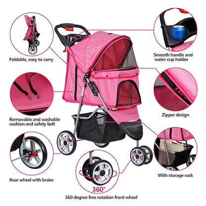 ZENY Foldable Pet Stroller, Cat/Dog Stroller with 3 Wheel, Pet Strolling Cart, Dog Travel Carrier with Storage Basket + Cup Holder (Pink)