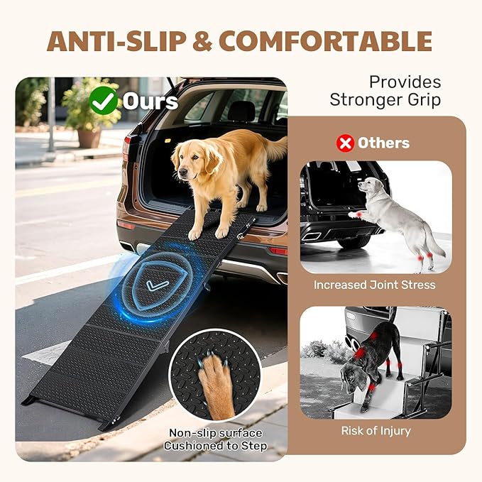 71" Extra Long Dog Ramp for Large Dogs, Heavy Duty Metal Frame Pet Ramp for High SUVs, Trucks and Cars, Portable Folding Travel Dog Ramps with Safety Latch, Supports up to 350lbs
