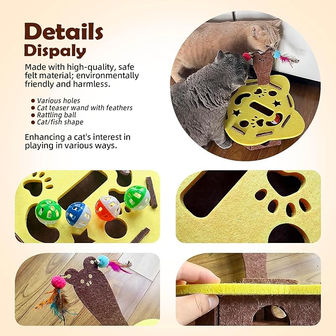 Interactive Felt Cat Maze Box with Cartoon Cat-Shaped Post, Fish-Shaped Puzzle ExerciseHide Seek Moving Toy for Cats, Mental Enrichment Self-Play Toy Encourages Hunting Instincts with 4 Balls