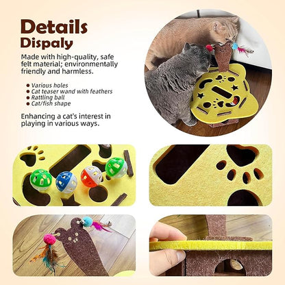 Interactive Felt Cat Maze Box with Cartoon Cat-Shaped Post, Fish-Shaped Puzzle ExerciseHide Seek Moving Toy for Cats, Mental Enrichment Self-Play Toy Encourages Hunting Instincts with 4 Balls
