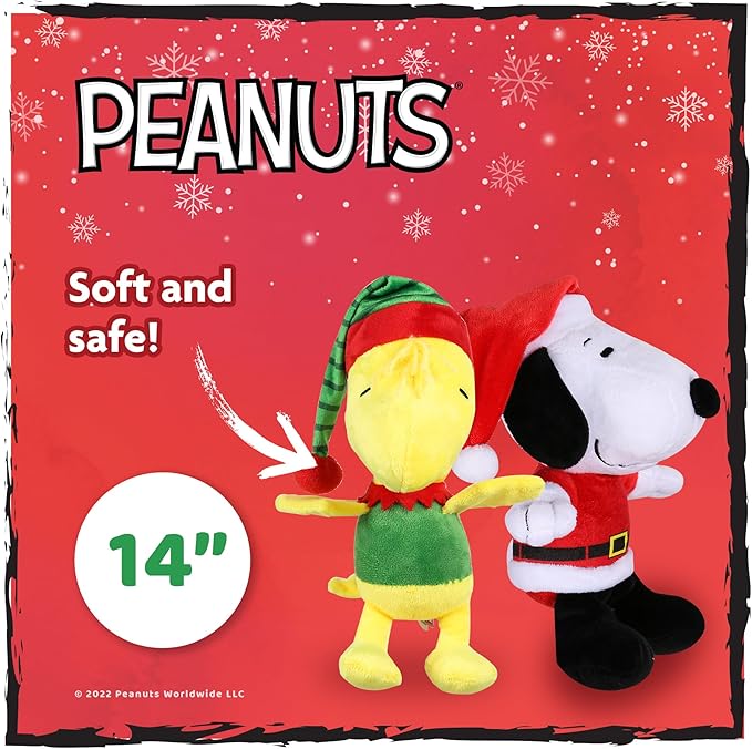 Peanuts for Pets 9 Inch Holiday Snoopy & Woodstock Big Head Plush Dog Toys with Squeaker | 2 Piece Squeaky Dog Toy Set, Santa Snoopy & Elf Woodstock Stuffed Plush Dog Toys