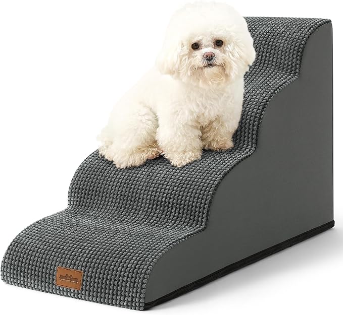 Wide Dog Stairs for Small Dog 19.7" H, Pet Step for Puppy, Older Cat, Curved Ramp for Bed, Durable Anti-Slip Ladder with High Density Foam, 4 Step, 17.7x28x19.7 inch, Charcoal Grey