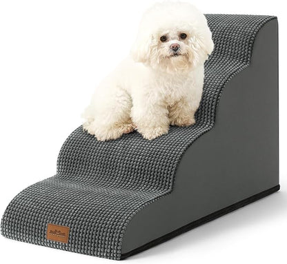 Wide Dog Stairs for Small Dog 19.7" H, Pet Step for Puppy, Older Cat, Curved Ramp for Bed, Durable Anti-Slip Ladder with High Density Foam, 4 Step, 17.7x28x19.7 inch, Charcoal Grey