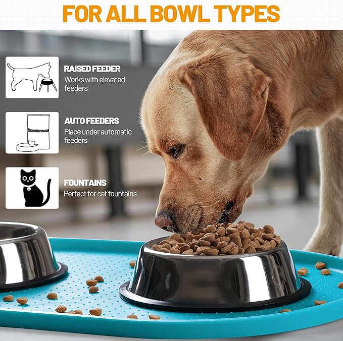 Hubulk 100% Waterproof Silicone Pet Feeding Mat with Raised Edge for Food and Water, Dog Bowl Mats, Cat Bowls Placemat with High Lip Protects Floor for Cats and Dogs(Teal, 19" L x 12" W)