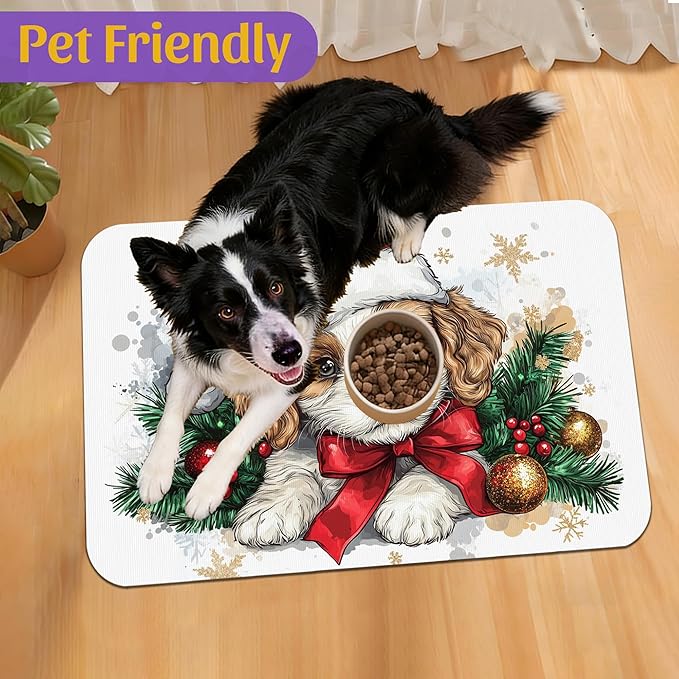Christmas Dog and Cat Food Mat, Absorbent Feeding Placemat, Waterproof Non-Slip Rubber Base – 16x24 Inch