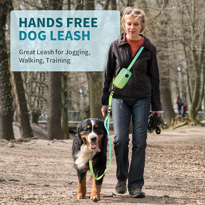Hands Free Dog Leash with Removable Zipper Pouch, Dual Padded Handles and Durable Bungee for Walking, Jogging and Running-Your Dog (Large, 35-140 lbs-Cyan