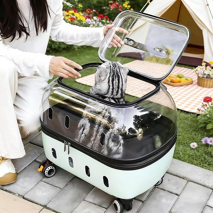Pet Carrier with Wheels, 360° Rotating Castors, Foldable Dog & Cat Travel Suitcase, Portable and Breathable Pet Carrier with Transparent Window and External Handle Gray