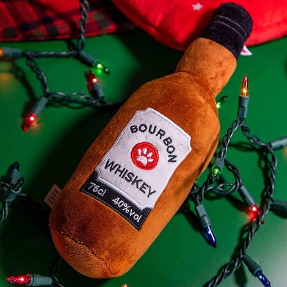 Glow Pups Whiskey Dog Toy with Squeaker, Fun Alcohol Parody Plush for Puppy Playtime, Interactive & Engaging Whiskey Plush, Funny Dog Toys, Ideal Dogs, Classic Multicolor Style, 26 CM