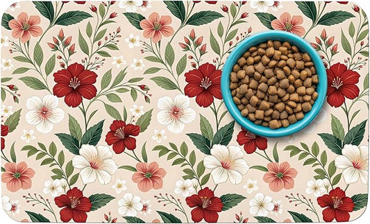 Patterned Cat & Dog Bowl Mat for Food and Water, 17"×30" Quick Dry Absorbent Pet Feeding Mat, Eco-Friendly Dog Placemat