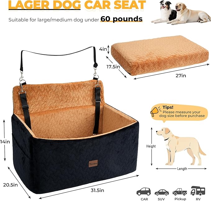 Dog Car Seat for Large Medium Dogs up to 60 lbs – Elevated Dog Booster Seat for Cars with Extra-Safe 14in High Front, Memory Foam Cushion, Washable Cover, Backseat Pet Car Bed (Brown/Black)