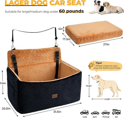 Dog Car Seat for Large Medium Dogs up to 60 lbs – Elevated Dog Booster Seat for Cars with Extra-Safe 14in High Front, Memory Foam Cushion, Washable Cover, Backseat Pet Car Bed (Brown/Black)