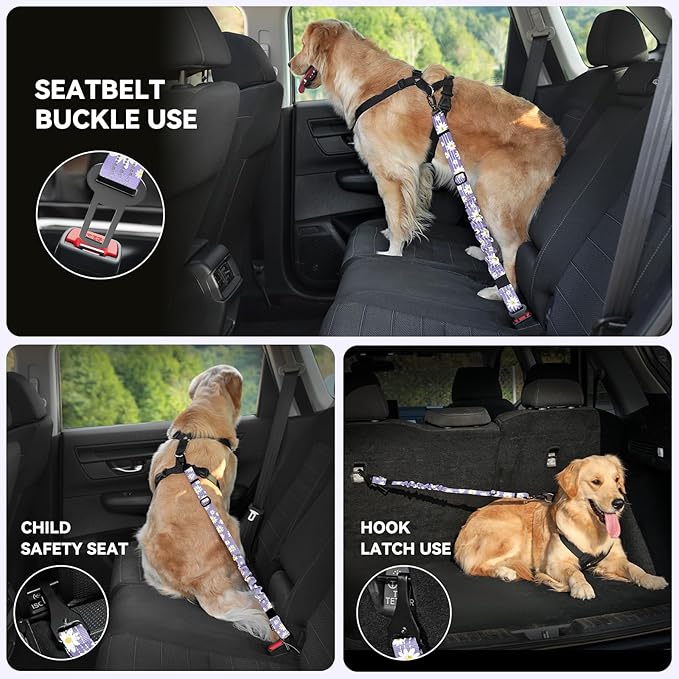 Pawaboo Dog Car Seat Belt– Reflective & Adjustable Dogs Cars Harness Leash with 360° Lockable Buckle, Shockproof Dogs Tether Bungee for Safe Travel, Light Purple