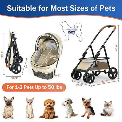 4 Wheels Pet Stroller for Small/Medium Dogs and Cats,Dog Stroller with Detachable Carrier and Storage Basket,One Click Folding, Compact Portable,Up to 50lbs,3 in1 Multifunctional(Khaki)