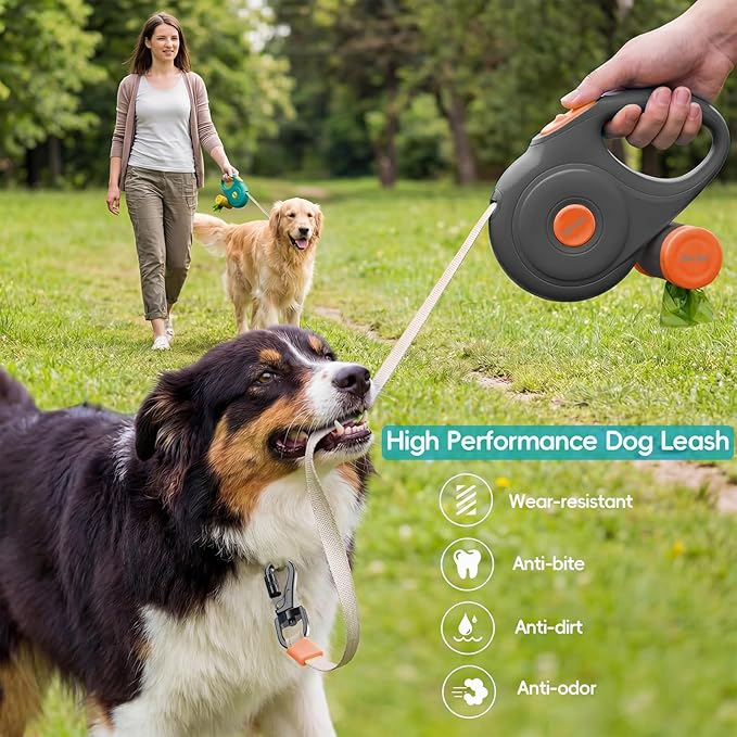 Retractable Dog Leash 10FT for Small & Medium Dogs, Sturdy Heavy-Duty Nylon Tape with Secure Locking Carabiner & Poop Bag Holder, Smooth One-Hand Control, Anti-Slip Handle, Tangle-Free Design (Black)