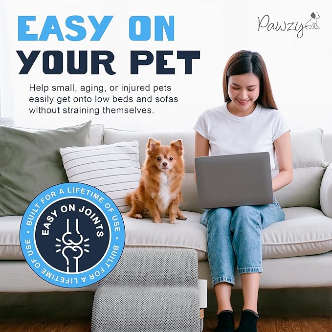 PAWZY Dog Stairs for Bed & Couch, 4-Step Foam Pet Steps 20” High for Small Dogs & Cats up to 60 lbs, Wide Non-Slip Stairs, Waterproof Washable Zipper Cover, No Assembly, Grey