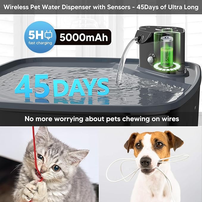 Dog Water Fountain Wireless,2.1GAL/8L Large Dog Water Fountain Battery Operated, Dog Fountain Water Bowl with Sensor,Wireless Smart Pump,Timer,BPA-Free,Ideal for Large Dogs,Multi-Pet Home