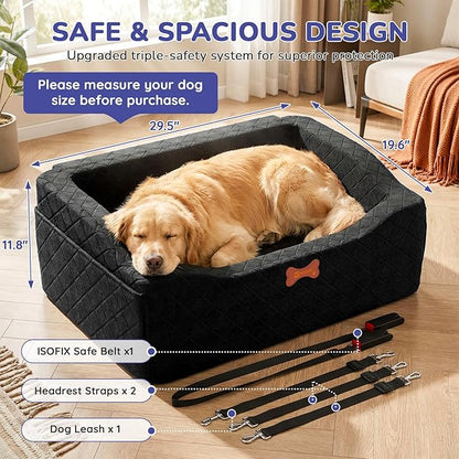 Dog Car Seat for Medium Large Dogs, 4" Elevated Dog Booster Seat with ISOFIX Safety Fixation, Washable Cover & High Density Memory Foam, Portable for Car Front/Rear/Trunk Home Outdoor Use (Jet Black)
