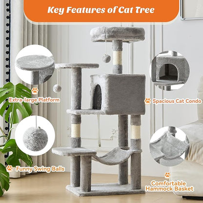 DUMOS Small 44 Inch Cat Tree Tower, Cat Climbing Tower with Natural Sisal Scratching Posts, Hammock, Pet Condo for Indoor Cats and Kittens Play, Light Grey