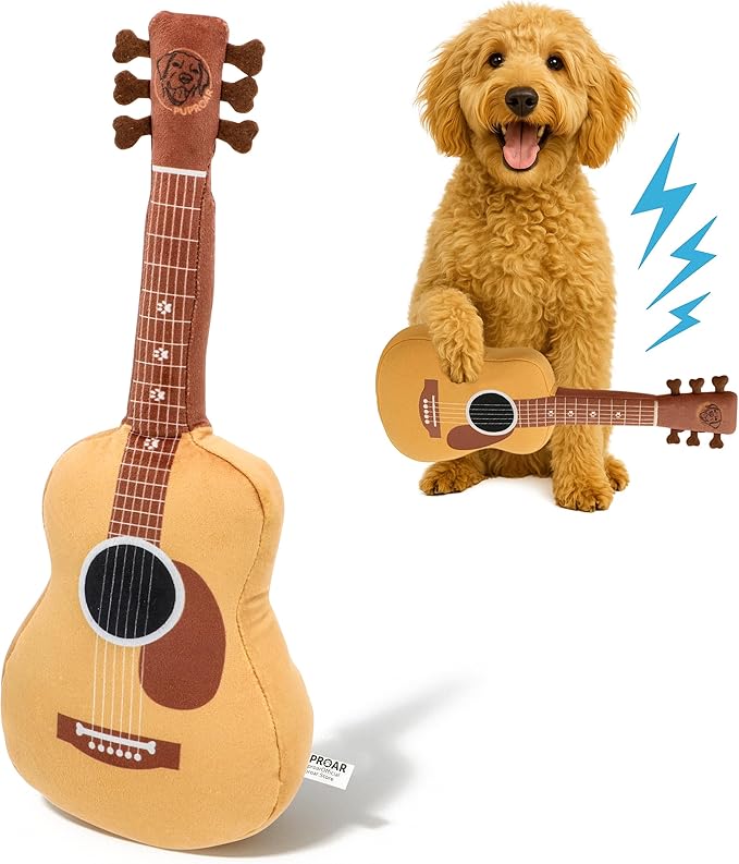 Acoustic Guitar Dog Toy – Funny Birthday & Easter Basket Dog Gift, Interactive Squeaker & Crinkle, Plush & Cute, Fun and Engaging Puppy Present