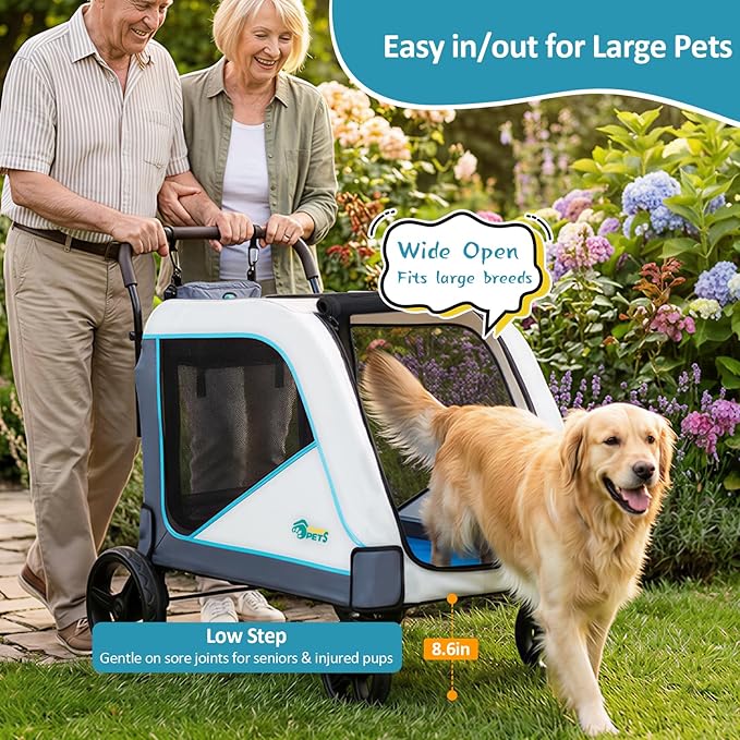 Ownpets Extra-Large Dog Stroller for Large Dogs Up to 154lbs, with Hanging Storage Bag, Foldable Dog Wagon with Adjustable Handle & Breathable Mesh, 4 Wheels Pet Stroller