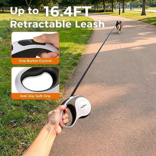 Retractable Dog Leash for Large Dogs with LED Light, 16.4ft Long Pet Leash up to 110lb Pull, 360° Tangle-Free One-Button Control for Small & Large Dogs & Cats, with Charging Cable, White