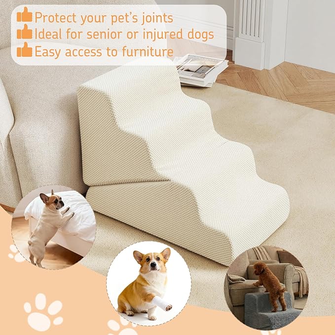 Dog Ramp for Bed, 20" H Dog Stairs for High Bed, 2 in 1 Pet Steps for Small Dogs, 4-Step Foldable Transformable Large Cats Ramp to Get on Couch, Non-Slip Balanced, Beige