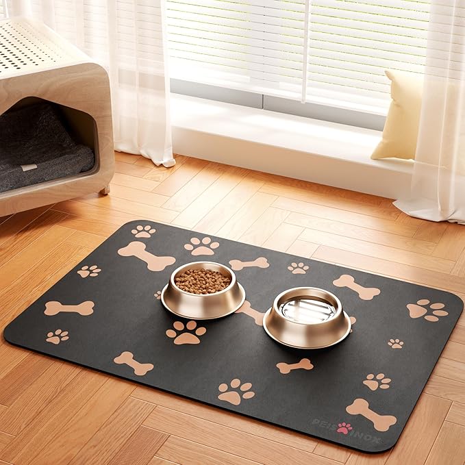 Cat Dog Food Mat, Rapid Water Absorption Dog Mat for Food and Water,100% Waterproof Cat Dog Bowl Mat, 16"x27"-Black