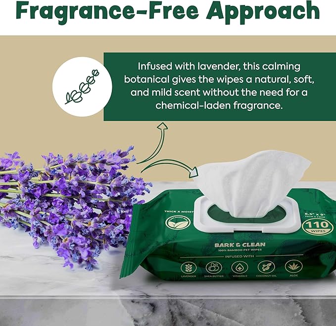 Bark & Clean Dog Wipes for Paws and Butt, 50 Count Large 8.5" x 9" Hypoallergenic Bamboo Pet Wipes Compostable Puppy Wipes with Lavender for Dogs Body Face - Deodorizing Grooming Wipes