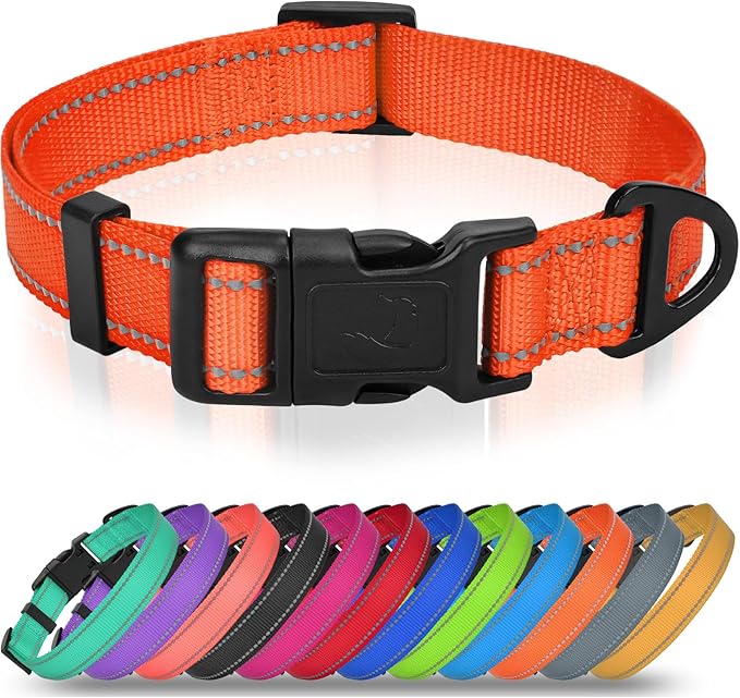 Joytale Dog Collars for Small Dogs, Feather-Light Double-Sided Reflective Nylon Collar for Night Safety, Adjustable Quick-Release for Growing Puppies, Orange, S (5/8" Width)