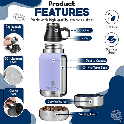 Portable Dog Water Bottle with 2 Removable Water Bowls for Dogs – Leak-Proof Insulated Stainless Steel Dog Water Bottle – Travel Accessories for Dogs - 32oz - Lavender