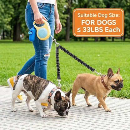 Double Dog Leash for Walking 2 Small Dogs (Up to 33 Lbs Each), Dual Retractable 9.8ft Extendable Strong Nylon Tape Pet Leash with Poop Bags, One-Handed Brake, Pause, Lock (Blue)